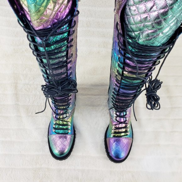 Travis Festive Quilted Metallic Rainbow Corset Lace Over the Knee Boots - Picture 6 of 11